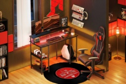 Black Contemporary Computer Desk with LED Lighting, Power Outlets & Cable Slot - Modern Ergonomic Workstation for Living Room - thumbnail 2
