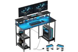 Black Contemporary Computer Desk with LED Lighting, Power Outlets & Cable Slot - Modern Ergonomic Workstation for Living Room - thumbnail 5
