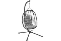 Light Grey Weather-Resistant Rattan Hanging Egg Chair with Stand - Foldable Outdoor Swing Seat - thumbnail 2