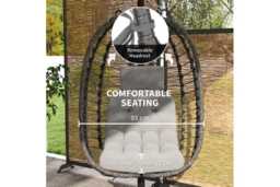 Light Grey Weather-Resistant Rattan Hanging Egg Chair with Stand - Foldable Outdoor Swing Seat - thumbnail 4