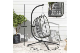 Light Grey Weather-Resistant Rattan Hanging Egg Chair with Stand - Foldable Outdoor Swing Seat - thumbnail 7