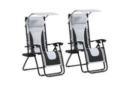 2× Zero Gravity Reclining Sun Lounger Chairs - Steel Frame, Padded, Foldable, Cup Holder & Shade - thumbnail 2