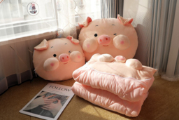 2-in-1 Soft Cotton Pink Pig Pillow Blanket - Dual-Use, Modern, Choice of Size & Cute Designs - thumbnail 3