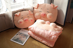2-in-1 Soft Cotton Pink Pig Pillow Blanket - Dual-Use, Modern, Choice of Size & Cute Designs - thumbnail 4