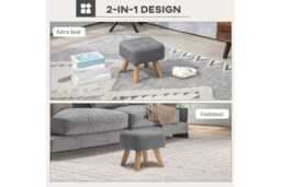 PRICE DROP! Tufted Grey Linen-Feel Footstool - Compact Ottoman, 110kg Capacity, Wood Legs - thumbnail 4