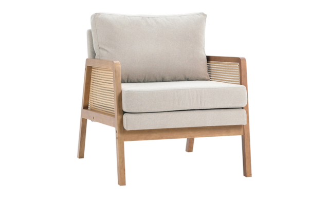 Grey Cushioned Armchair with Caned Sides and Solid Wooden Frame - image 1