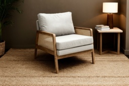 Grey Cushioned Armchair with Caned Sides and Solid Wooden Frame - thumbnail 2