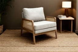 Grey Cushioned Armchair with Caned Sides and Solid Wooden Frame - thumbnail 6