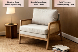 Grey Cushioned Armchair with Caned Sides and Solid Wooden Frame - thumbnail 7