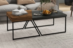 PRICE DROP! Rustic Brown Geometric Coffee Table Set - Industrial Steel & Wood, Space-Saving Living Room Furniture - thumbnail 2