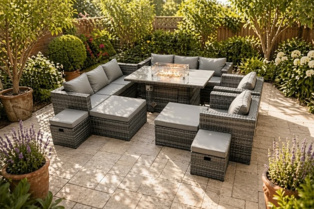 12-Seater Dark Grey Rattan Fire Pit Dining Set with Footstools - Outdoor Weather-Resistant Garden Furniture - image 1