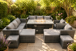 12-Seater Dark Grey Rattan Fire Pit Dining Set with Footstools - Outdoor Weather-Resistant Garden Furniture - thumbnail 7