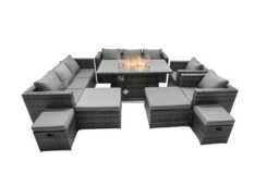 12-Seater Dark Grey Rattan Fire Pit Dining Set with Footstools - Outdoor Weather-Resistant Garden Furniture - thumbnail 2