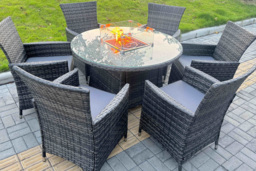 Stylish Outdoor Grey Rattan Set with Firepit Table & Cushioned Chairs - 3 Options