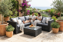 6-Seater Grey Rattan Corner Sofa Set - Weatherproof Rattan Garden Lounge - thumbnail 6