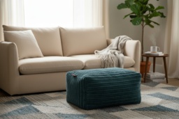 Plush Blue Corduroy Ottoman Footstool - Versatile Accent Seat, 60x40cm, Modern Style - thumbnail 2