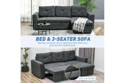 Modern Fabric 3-Seater Corner Sofa Bed with Storage Chaise - Dark Grey Reclining Sofa - thumbnail 8