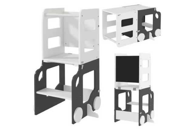 4-in-1 Foldable Toddler Step Stool Chair - Grey MDF & Pine, Kids Desk, Learning Tower & Chalkboard, High Weight Capacity - image 1