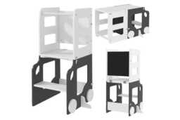 4-in-1 Foldable Toddler Step Stool Chair - Grey MDF & Pine, Kids Desk, Learning Tower & Chalkboard, High Weight Capacity - thumbnail 1