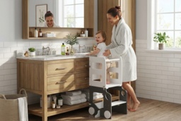 4-in-1 Foldable Toddler Step Stool Chair - Grey MDF & Pine, Kids Desk, Learning Tower & Chalkboard, High Weight Capacity - thumbnail 2