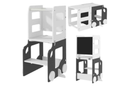 4-in-1 Foldable Toddler Step Stool Chair - Grey MDF & Pine, Kids Desk, Learning Tower & Chalkboard, High Weight Capacity - thumbnail 5