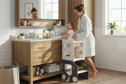 4-in-1 Foldable Toddler Step Stool Chair - Grey MDF & Pine, Kids Desk, Learning Tower & Chalkboard, High Weight Capacity - thumbnail 6