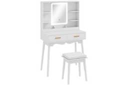 White MDF Contemporary Dressing Table with LED Mirror, Storage Drawers & Padded Stool - Bedroom Vanity Set - thumbnail 2