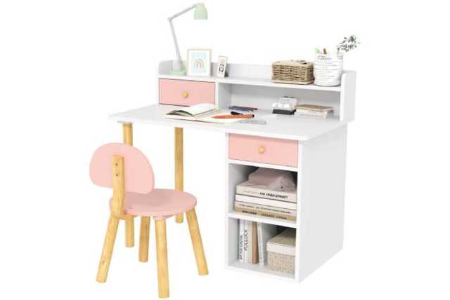 2pc Pink Kids Study Table & Chair Set - MDF, Storage Drawers, Compact Nursery Desk - image 1
