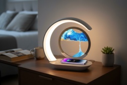 Modern 3-in-1 Wireless Charging LED Table Lamp with Rotating Quicksand Art - Dimmable, Touch-Control, Fast Charging, Glass Finish - thumbnail 2