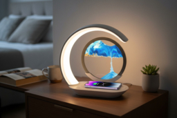 Modern 3-in-1 Wireless Charging LED Table Lamp with Rotating Quicksand Art - Dimmable, Touch-Control, Fast Charging, Glass Finish - thumbnail 6
