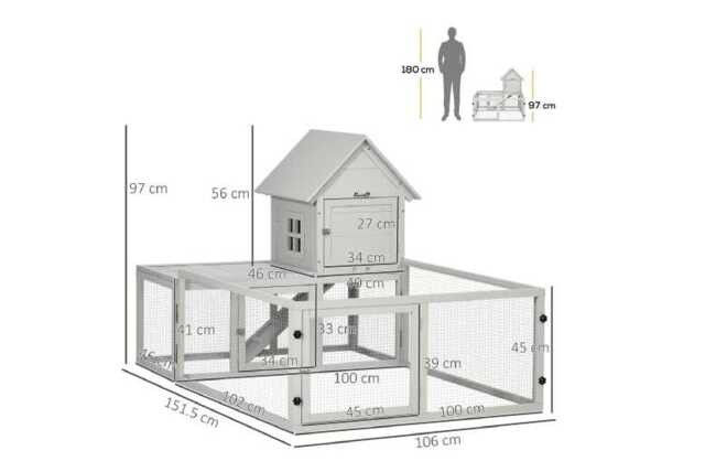 Rabbit & Guinea Pig Hutch with Extra Fenced Run, Easy Clean Tray - Indoor Small Animal House, Light Grey - image 1