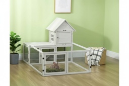 Rabbit & Guinea Pig Hutch with Extra Fenced Run, Easy Clean Tray - Indoor Small Animal House, Light Grey - thumbnail 2