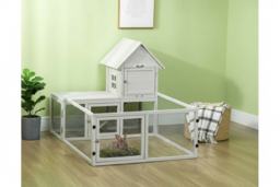 Rabbit & Guinea Pig Hutch with Extra Fenced Run, Easy Clean Tray - Indoor Small Animal House, Light Grey - thumbnail 6