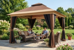 3.6x3.6m Weather-Resistant Pop-Up Garden Gazebo with Mesh Sides & Accessories - Brown - thumbnail 1