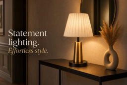 Black & Gold Table Lamp with Pleated Fabric Shade, LED Light - thumbnail 2