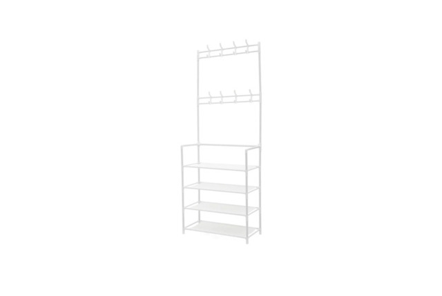 Entryway 4 Tier Shoe Rack with Eight Hooks for Coats and Bags - Black or White - image 1