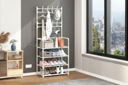 Entryway 4 Tier Shoe Rack with Eight Hooks for Coats and Bags - Black or White - thumbnail 4