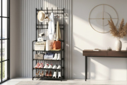 Entryway 4 Tier Shoe Rack with Eight Hooks for Coats and Bags - Black or White - thumbnail 2