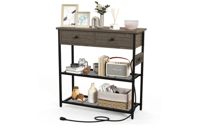 Brown Console Table with Storage, Drawers, and Charging Station - image 1