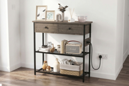 Brown Console Table with Storage, Drawers, and Charging Station - thumbnail 6