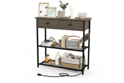 Brown Console Table with Storage, Drawers, and Charging Station - thumbnail 5