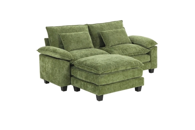 Green Chenille Sectional Sofa with Ottoman and Lumbar Pillows - image 1