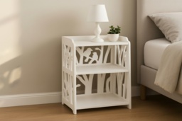 Rustic Small White Bedside Table with Carved Detail and 3 Shelves - thumbnail 2