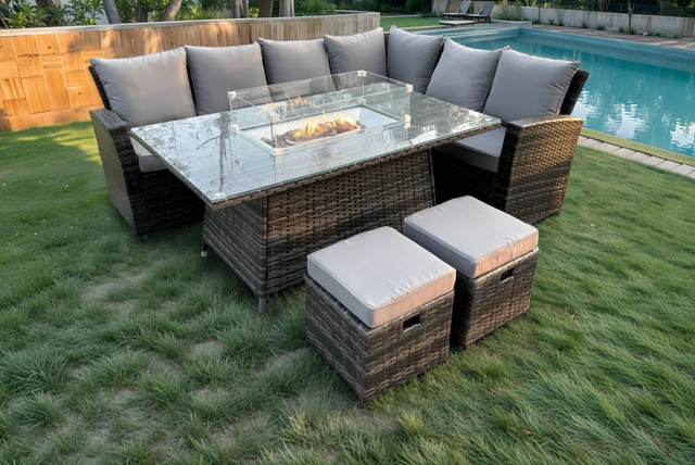 8-Seater Rattan Weatherproof Garden Dining Set with Fire Pit Table - image 1