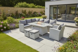 9-Seat Grey Rattan Dining Set with Fire Pit Table & Footstools - Weather-Resistant Modern Outdoor Lounge - thumbnail 1