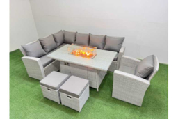 9-Seat Grey Rattan Dining Set with Fire Pit Table & Footstools - Weather-Resistant Modern Outdoor Lounge - thumbnail 6