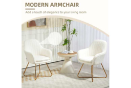 PRICE DROP! Set of 2 Cream Sherpa Fleece Dining Chairs - Plush Upholstered Accent Armchairs, Modern Steel Legs - thumbnail 8
