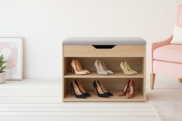 Wooden Shoe Storage Rack with Double Shelf & Ottoman Seat - Compact Hallway Organiser - thumbnail 1