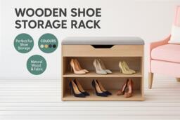Wooden Shoe Storage Rack with Double Shelf & Ottoman Seat - Compact Hallway Organiser - thumbnail 2