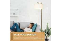 Modern Linen Floor Lamp - Tall Gold Reading Light, Freestanding, White Shade - thumbnail 3